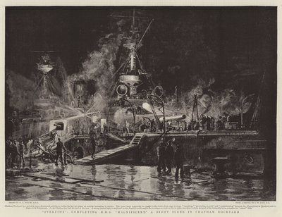 Straordinari, completamento della HMS Magnificent, una scena notturna nel cantiere navale di Chatham da William Lionel Wyllie