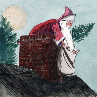 Babbo Natale, scendendo attraverso un camino, tirando un sacco pieno di giocattoli e un albero di Natale. Acquerello, inizio XX secolo, di William Lionel Wyllie (1851-1931). da William Lionel Wyllie