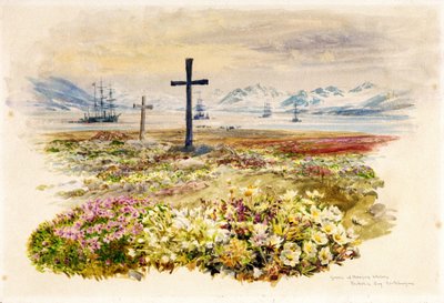 Search Bay (Research Bay, Tasmania, Australia), due croci piantate in aiuole con navi in lontananza da William Lionel Wyllie