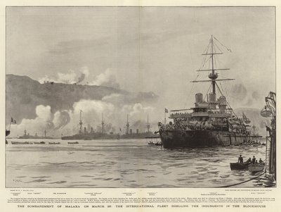 Il bombardamento di Malaxa il 23 marzo, la flotta internazionale bombarda gli insorti nel fortino da William Lionel Wyllie