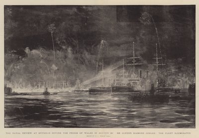 La rivista navale a Spithead davanti al Principe di Galles in onore del Giubileo di Diamante della Regina, la flotta illuminata da William Lionel Wyllie