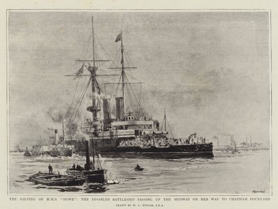 Il Salvataggio della HMS Howe, la Nave da Battaglia Disabilitata che passa sul Medway sulla Strada per il Cantiere Navale di Chatham da William Lionel Wyllie