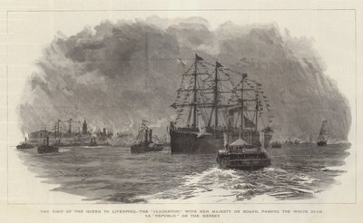 La visita della regina a Liverpool, il Claughton, con Sua Maestà a bordo, che passa davanti alla White Star SS Republic sul Mersey da William Lionel Wyllie
