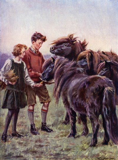 Ragazzo e ragazza che nutrono pony Shetland da William Luker