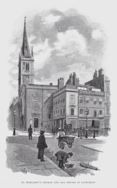Chiesa di St Margaret e vecchie case a Eastcheap da William Luker