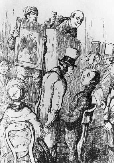Elefante in vendita, illustrazione per il 17° capitolo di La fiera della vanità, romanzo di William Makepeace Thackeray, incisione dopo disegno di William Makepeace Thackeray, pubblicato a Chicago nel 1882 da William Makepeace Thackeray