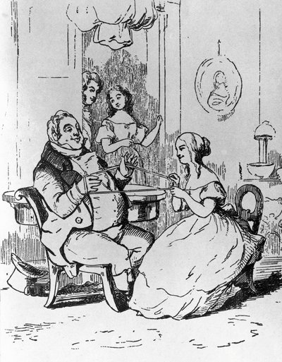 Mr Joseph Sedley intrappolato da Becky Sharp, illustrazione per il primo capitolo di Vanity Fair, romanzo di William Makepeace Thackeray (1811-1863), incisione dal disegno di William Makepeace Thackeray (1811-1863), pubblicato a Chicago nel 1882 da William Makepeace Thackeray