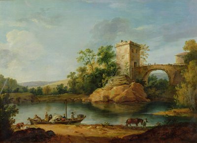 Paesaggio fluviale italiano boscoso con contadini su una chiatta e un ponte oltre, c.1770 da William Marlow