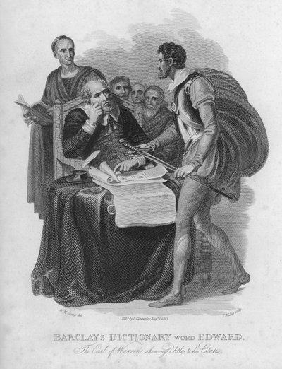 Barclays Dictionary, parola: Edward, Il Conte di Warren che mostra i titoli delle sue proprietà (incisione) da William Marshall (after) Craig