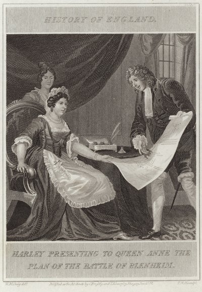 Harley presenta a Regina Anna il piano della battaglia di Blenheim da William Marshall Craig