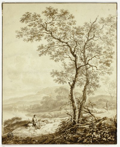 Strada tortuosa accanto al lago, con grande albero e viaggiatore in riposo in primo piano da William Marshall Craig