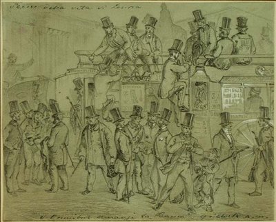 Omnibus alla Banca, le nove del mattino, impiegati che arrivano alla Banca d