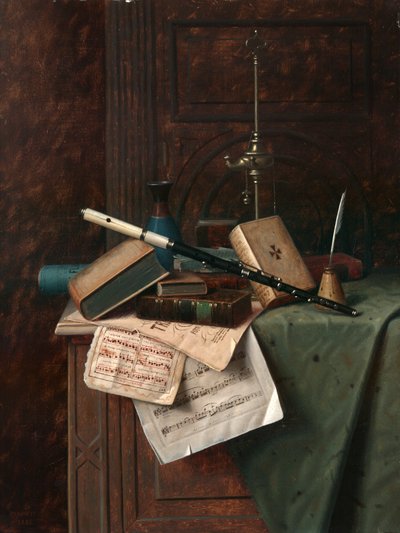 Natura morta con flauto, vaso e lampada romana da William Michael Harnett