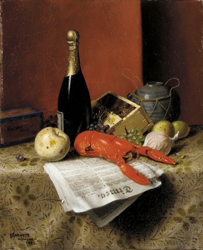 Natura morta con aragosta, frutta, champagne e giornale da William Michael Harnett