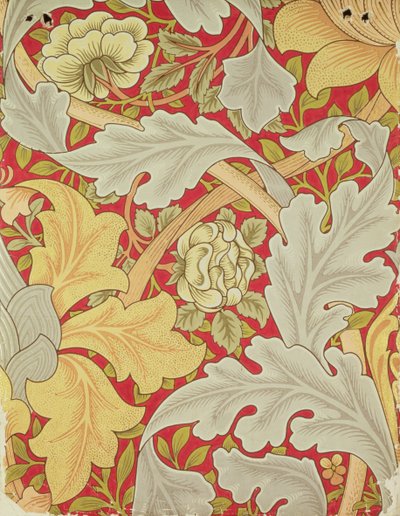Foglie di acanto e rosa selvatica su sfondo cremisi, design per carta da parati da William Morris