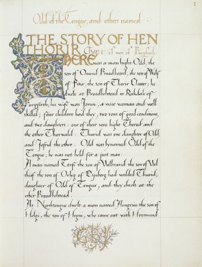 Ms 270* f.1r La storia di Hen Thorir, c.1873-4 da William Morris