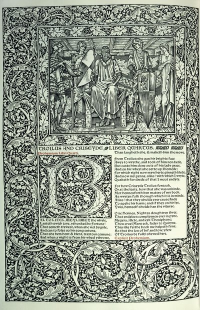 Scena da "Troilo e Criseide", iniziale istoriata "B", manoscritto con bordo a tutta pagina, 1896 da William Morris