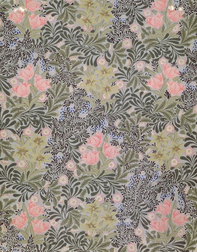 Disegno di carta da parati con tulipani, margherite e caprifoglio da William Morris