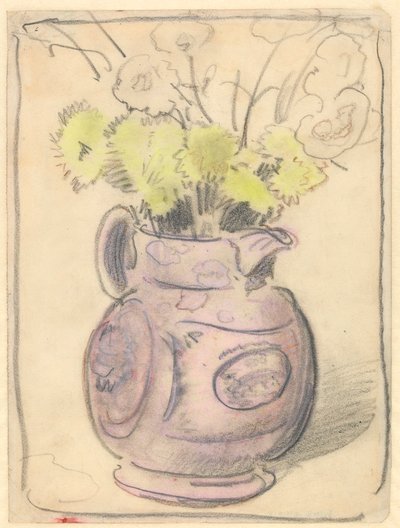 Vaso di fiori: crisantemi gialli in una brocca lucida da William Nicholson