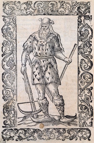 Uomo con abito di pelliccia, balestra e scarpe con punta attorcigliata (esempio di sci rudimentali), illustrazione attribuita a Cesare Vecellio (1521-1601), pubblicata in Italia nel XVI secolo da Nicolas Toussaint Charlet