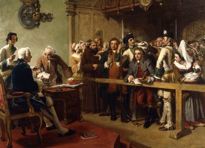 Hogarth portato davanti al governatore di Calais come spia, 1851 da William Powell Frith