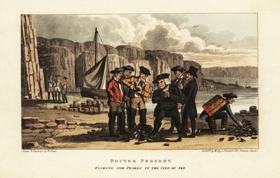 Turisti inglesi osservano pescatori scozzesi aprire ostriche perlifere sull