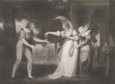 Davanti al palazzo del duca-Rosalind, Celia, Orlando, il duca..., prima pubblicazione 1800, ristampa 1852 da William Satchwell Leney