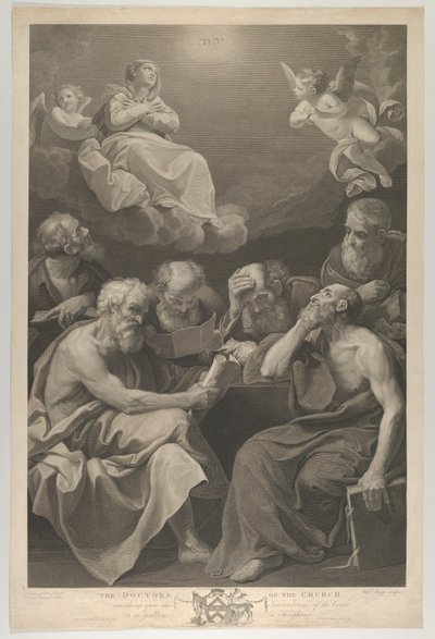 I dottori della chiesa consultano libri e documenti e contemplano la Vergine che..., 1785 da William Sharp