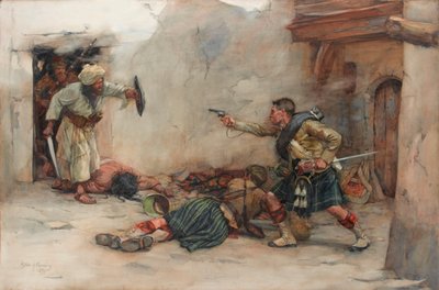 Tamburino James Roddick del 92º Gordon Highlanders, difendendo il tenente Menzies durante il combattimento corpo a corpo a Kandahar da William Skeoch Cumming