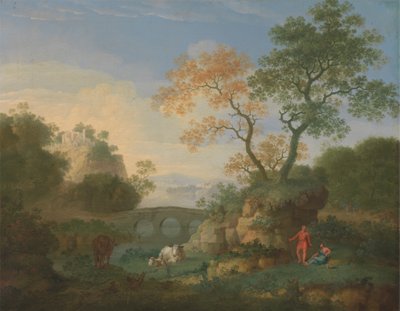 Paesaggio con rovine classiche distanti, un ponte, figure e bestiame da William Smith