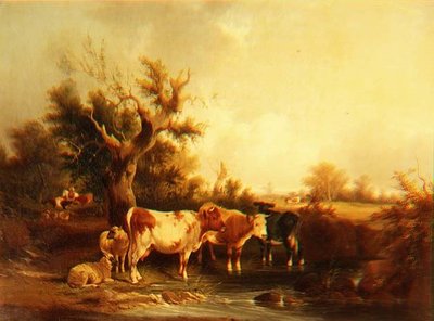 Paesaggio boscoso con bestiame vicino a un ruscello da William Snr. Shayer
