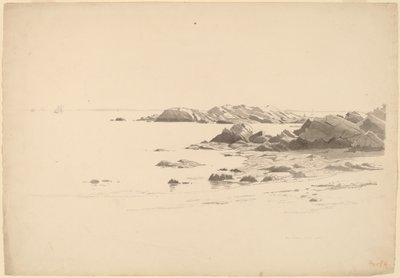 Spiaggia rocciosa con barche lontane da William Stanley Haseltine