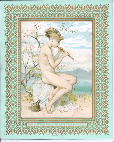 Cartolina di Capodanno vittoriana di una bellezza in spiaggia che suona un flauto, c.1881 da William Stephen Coleman