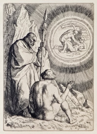Michele mostra ad Adamo una visione da Paradiso Perduto di John Milton, serie di 12 illustrazioni incise da William Strang da William Strang