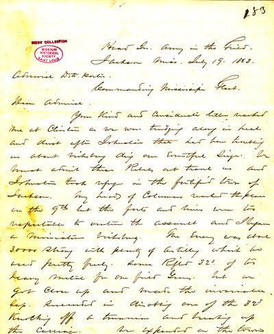 Lettera di W. T. Sherman, quartier generale, Esercito sul campo, Jackson, Mississippi, a [David D.] Porter, 19 luglio 1863 da William T. Sherman
