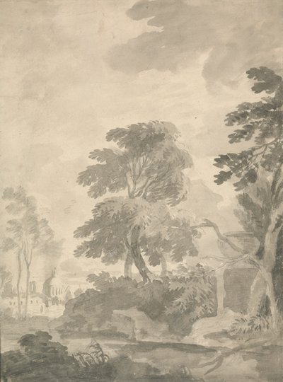 Paesaggio, alberi e una vista lontana di Roma da William Taverner