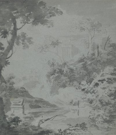 Paesaggio con un Edificio Classico in Lontananza e un Uomo che Pesca da William Taverner