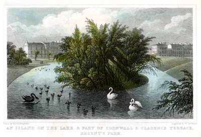Isola sul lago e Parte delle Terrazze Cornwall e Clarence, Regents Park, Londra, 1828 da William Tombleson