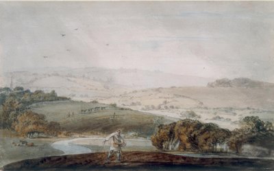 Un contadino che semina, una valle fluviale e colline ondulate oltre da Joseph Mallord William Turner