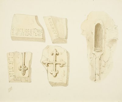 Resti di un monumento scoperto nel muro est e piscina nella navata sud, Chiesa di San Giacomo, Bristol da William W. Wheatley