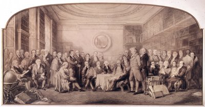 Gli eminenti uomini di scienza nel 1807-1808. Riunione nella biblioteca del Royal Institute of Sciences, Inghilterra. Incisione di William Walker e Sir John Gilbert da William Walker