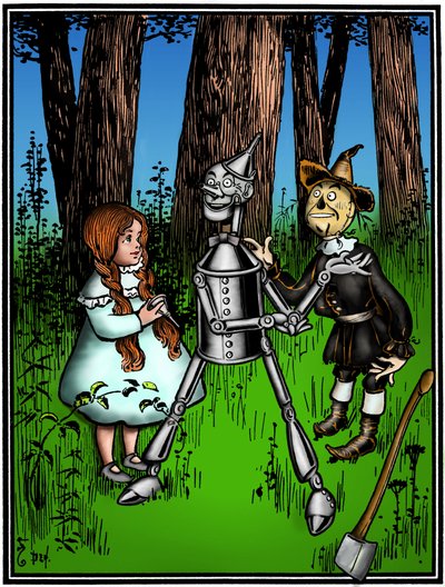 Il mago di Oz: disegno di Denslow, William Wallace (1856-1919) per la prima edizione del 1900 del libro di Frank Baum (1856-1919) - Dorothee (Dorothy) assistita dallo spaventapasseri, aiuta il boscaiolo di latta da William Wallace Denslow