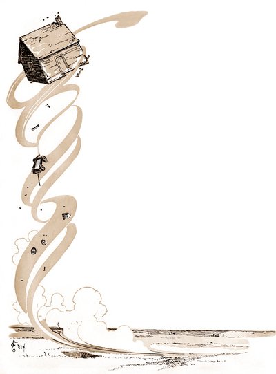 Il Meraviglioso Mago di Oz - Il Mago di Oz: Disegno di Denslow, William Wallace per una delle prime edizioni del libro di Frank Baum - La casa di Dorothee (Dorothy) in Kansas viene portata in cielo da un ciclone - tornado, uragano da William Wallace Denslow
