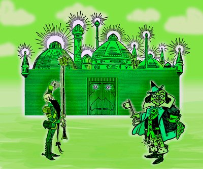 Il meraviglioso mago di Oz - Il mago di Oz: Montaggio di tre immagini di Denslow, William Wallace (1856-1915) per la prima edizione del 1900 del libro di Frank Baum (1856-1919) - La città di smeraldo e i suoi due guardiani - colore verde, verde - La città  da William Wallace Denslow