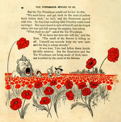 Il meraviglioso mago di Oz - capitolo VIII: il campo di papaveri mortali - Il mago di Oz: capitolo 8 - una pagina illustrata da Denslow, William Wallace (1856-1915) della prima edizione del 1900 del libro di Frank Baum (1856-1919) - Dorothee (Dorothy) e il da William Wallace Denslow