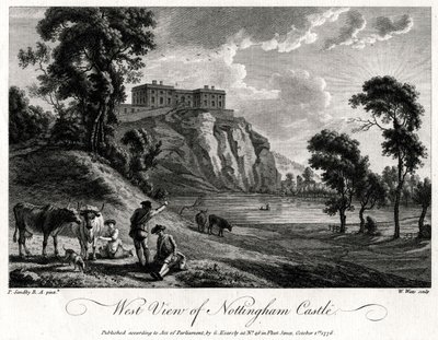 Vista ovest del Castello di Nottingham, Nottinghamshire, 1776 da William Watts
