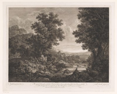 Paesaggio con figure intorno a un fuoco e disegnatore e suonatore di ciaramella sulla riva di un fiume da William Woollett