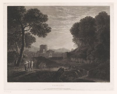 Paesaggio con porta e torre sulla riva di un fiume (Sera) da William Woollett