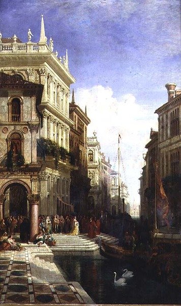 Una vista capriccio di Venezia con una principessa mostrata a una gondola dietro la Scuola di San Marco da William Wyld