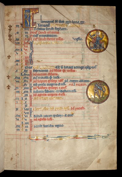 Ms 322 f.1r Gennaio, un uomo a tre teste che beve, illustrazione dal 